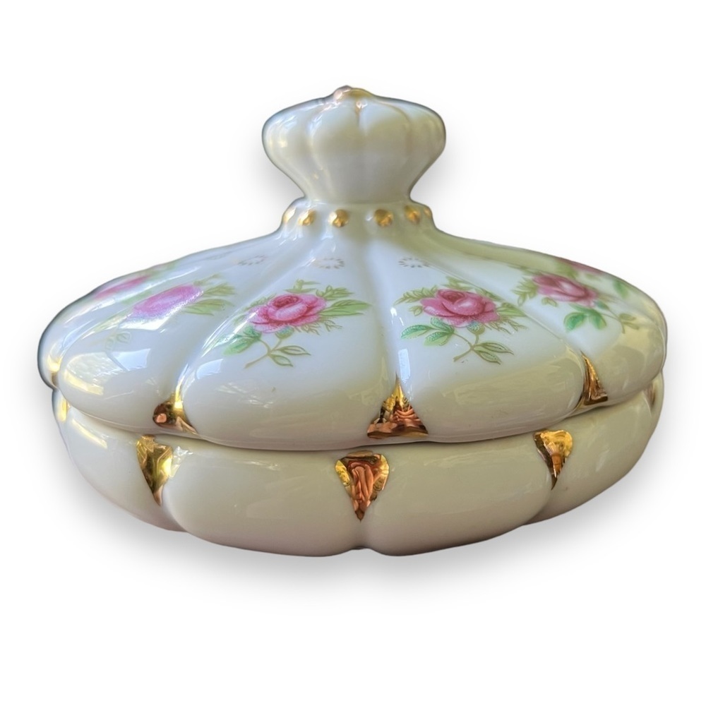 Vintage Japan Rose & Gold Handmade Lidded Dresser Jar - Picture 5 of 14